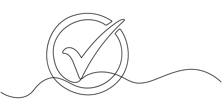Check mark success symbol continuous line art minimal modern outline design, Confirmation tick mark sign in circle icon continuous one line drawing single art on white background minimal checkbox. 