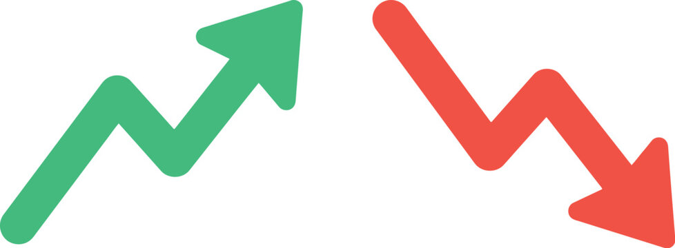 Financial growth and loss arrows, green rising trend line and red falling market graph, business performance vector icons