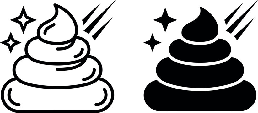 Minimalist poop emoji vector icons, black and white swirl pile of excrement symbols, funny cartoon waste graphics for web and print