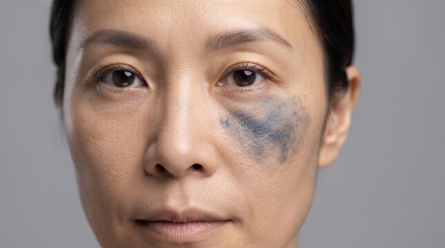 Frontal Close Up Portrait of Woman with Nevus of Ota Facial Birthmark