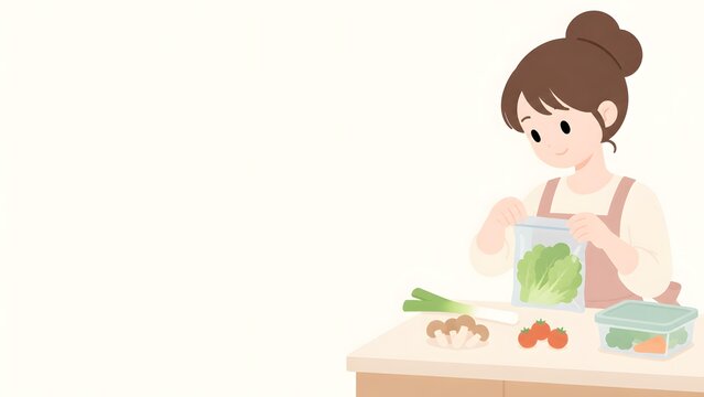 Woman Storing Fresh Vegetables in Zip Bag to Reduce Food Waste Flat Illustration