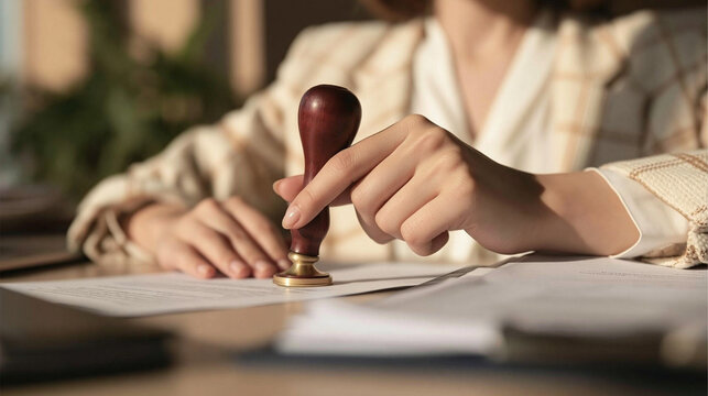 Official Seal of Approval: A person's hand firmly grips a wooden-handled stamp, pressing it onto a document, signifying authentication and official confirmation.