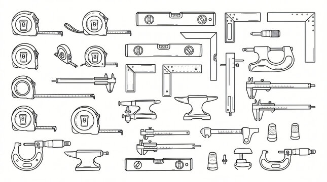 Manual Measuring Tool Spirit Level Line Art Doodle Element Set Hand Drawn Retractable Tape Try Square Sliding Caliper Micrometer Contour Black White Flat Design Strictly Textless White