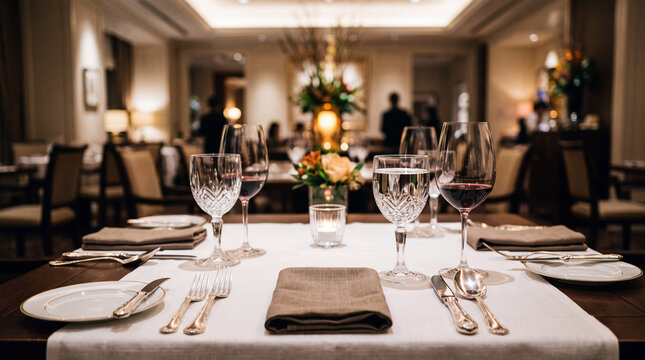 Elegant restaurant dining table setup with crystal glassware and cutlery