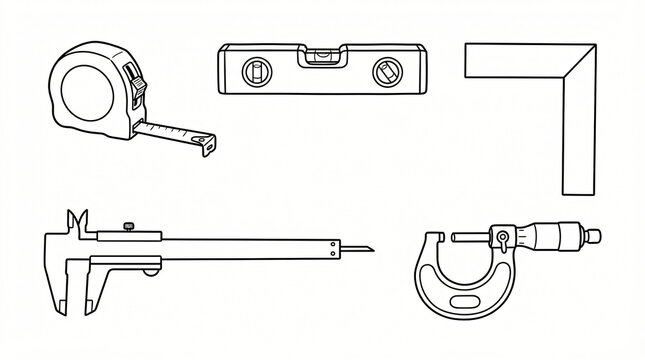 Manual Measuring Tool Spirit Level Line Art Doodle Element Set Hand Drawn Retractable Tape Try Square Sliding Caliper Micrometer Contour Black White Flat Design Strictly Textless White