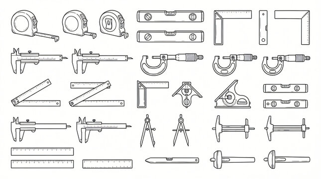 Manual Measuring Tool Spirit Level Line Art Doodle Element Set Hand Drawn Retractable Tape Try Square Sliding Caliper Micrometer Contour Black White Flat Design Strictly Textless White