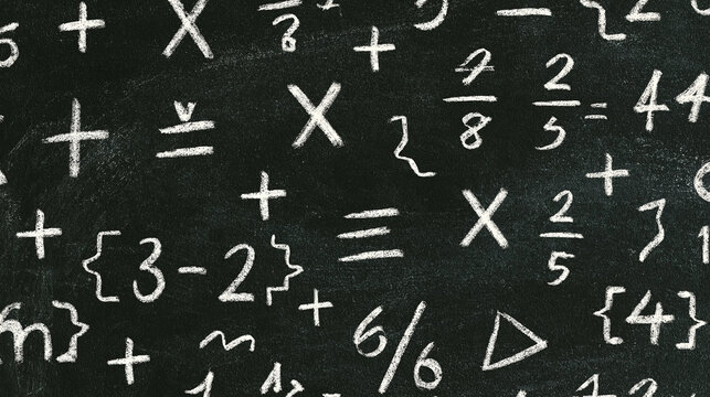 Mathematics Equations and Symbols on Chalkboard: A detailed close-up of a chalkboard covered in various mathematical symbols, equations, fractions, and numbers, rendered in white chalk.