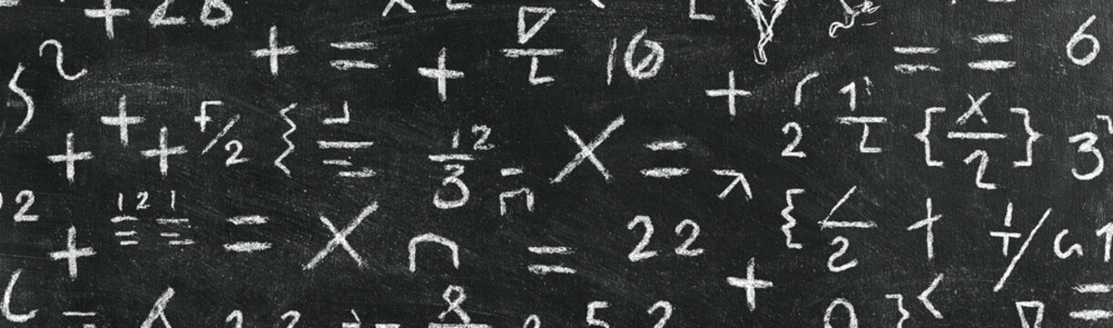 Mathematical Equations on Chalkboard: A close-up view of various mathematical equations and symbols scrawled in chalk on a dark chalkboard, representing the abstract world of numbers and calculation.