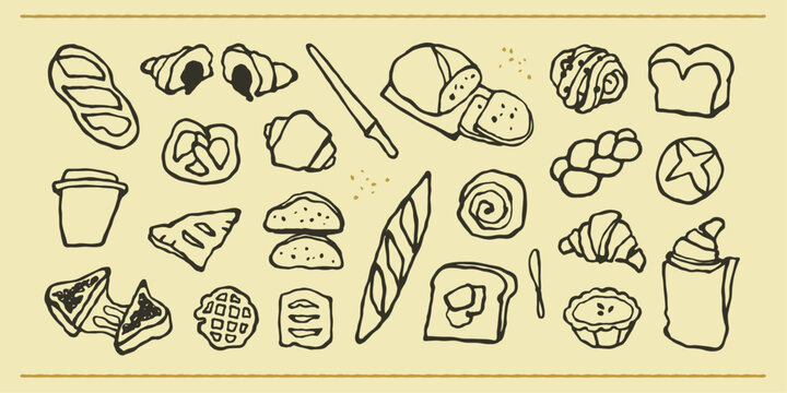 Bakery bread and pastry sketch illustrations with baguette, sliced loaf, croissants, rolls, toast, pretzel, waffle, pie, coffee cup and bread knife