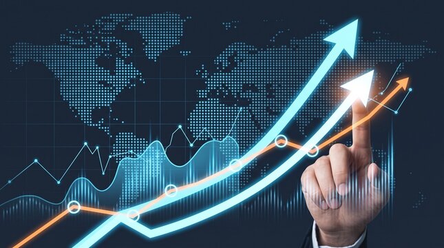 Concept of Global Financial Growth, Business Success, and Stock Market Analysis with Upward Arrows and World Map Background