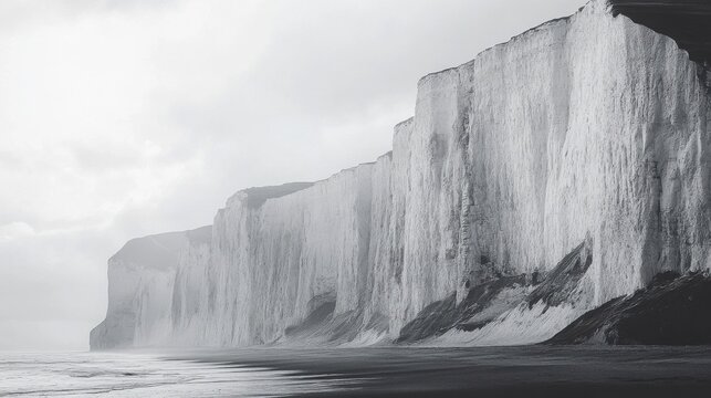 White chalk cliffs rise dramatically along a misty coastal shoreline under an overcast sky.