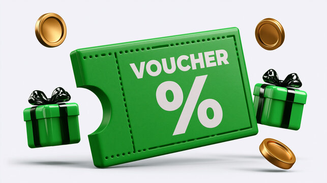 Green Voucher with Gifts and Coins: A vibrant green voucher with VOUCHER % prominently displayed, surrounded by festive gift boxes and golden coins, suggesting a special offer or discount.