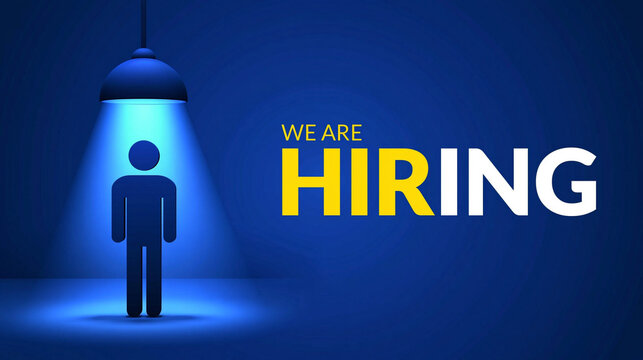 We Are Hiring Sign: A stylized silhouette of a person stands illuminated by a spotlight, set against a deep blue background, with the bold yellow text WE ARE HIRING prominently displayed.