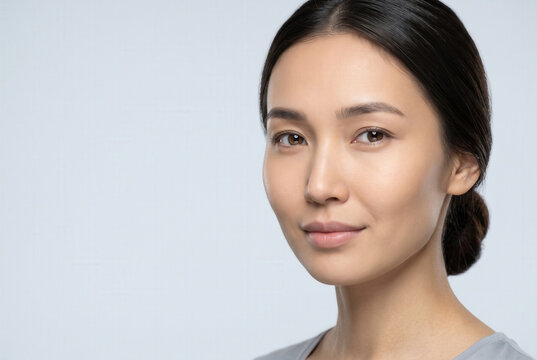 Woman with Dark Hair Against a Pale Gray Background