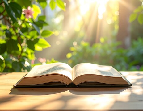 An open book on a wooden surface basks in golden sunlight, with blurred greenery in the background
