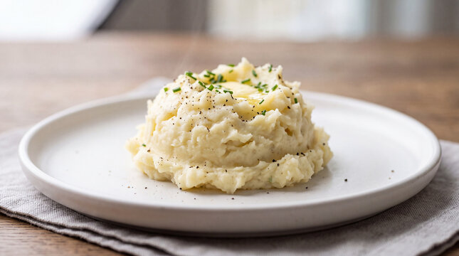 Fluffy mashed potatoes with melting butter on a white plate