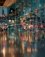Obraz premium View from luxurious modern office through transparent solar glass windows overlooking glowing futuristic green city skyline at evening twilight.