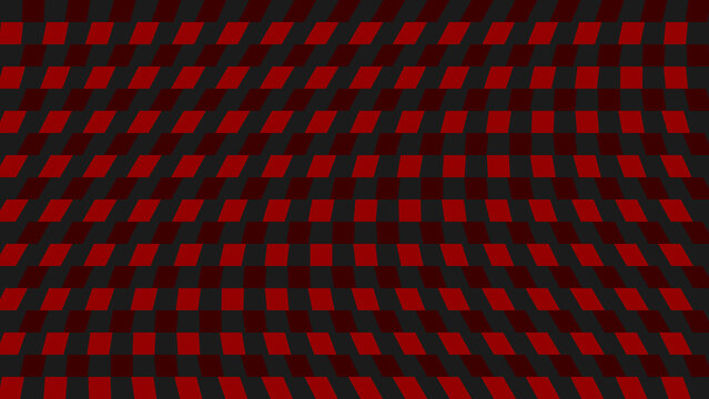 Abstract background, with a distorted, red and dark, grey checkered pattern, creating a wavy, and warped optical, illusion effect for texture