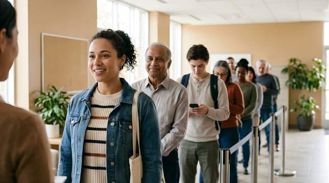 Diverse group of people standing in a line waiting for service indoors