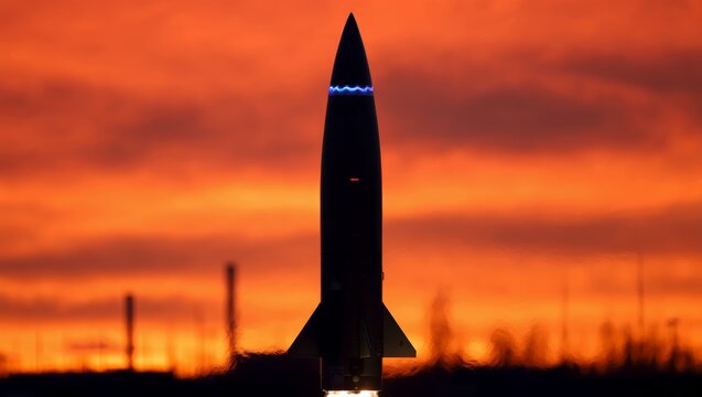 Rocket Launch at Sunset Silhouetted Against Dramatic Sky