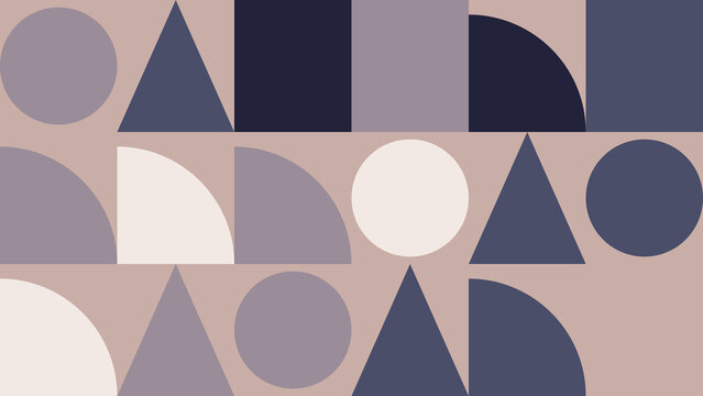 Abstract background, with a grid, of geometric shapes, including circles, triangles, and squares in, muted blue and, beige tones on, a flat surface