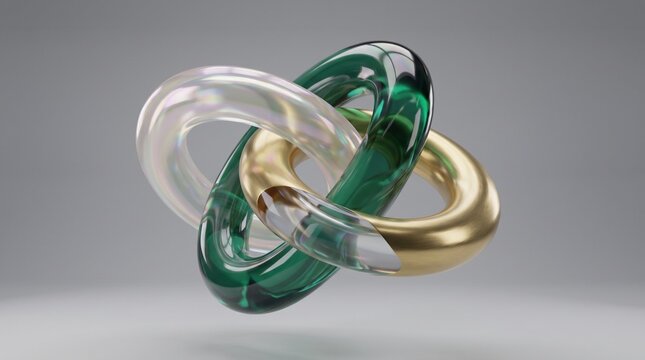 Three Dimensional Abstract Rendering of Interlocking Glass Gold and Iridescent Rings Intertwined Floating Over a Neutral Gray Studio Background