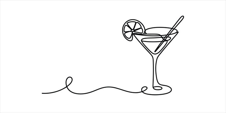 Continuous single line drawing of a martini cocktail glass with a lemon slice garnish