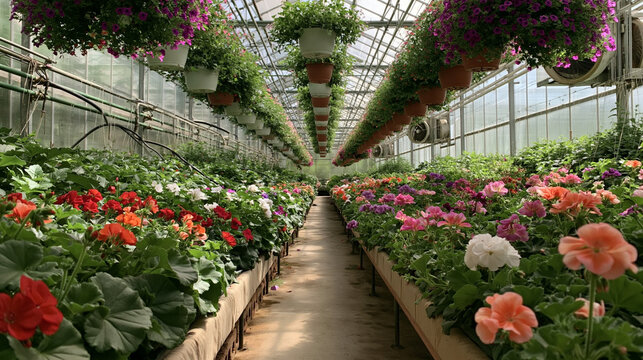 Greenhouse Paradise: Rows upon rows of vibrant blooming geraniums and petunias fill a sun-drenched greenhouse, creating a breathtaking spectacle of color and life.