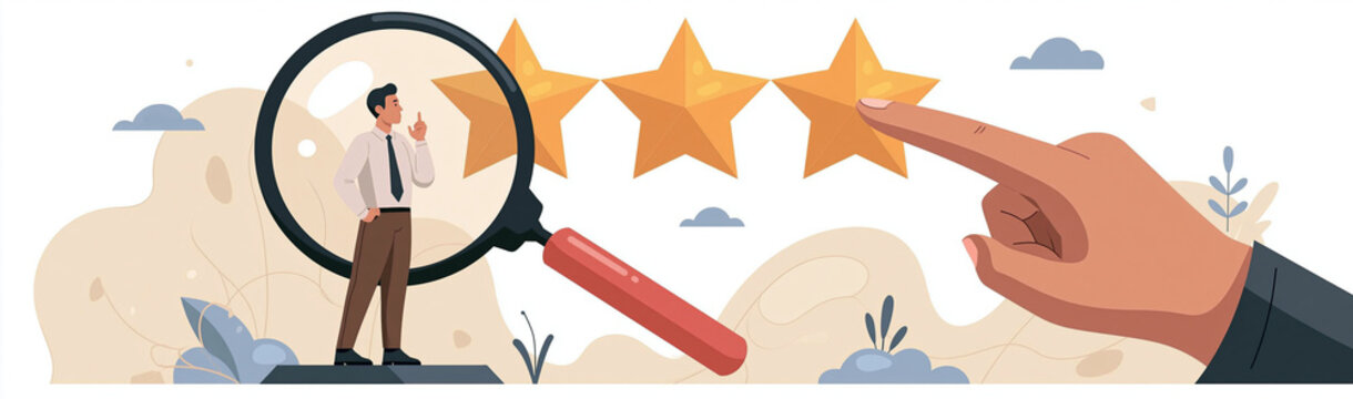 Customer Feedback Analysis: A magnified view of a satisfied customer's positive review, represented by golden stars, emphasizes the importance of customer satisfaction and service quality.