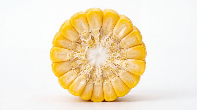 Fresh raw corn cob cut in half showing bright yellow kernels and white core