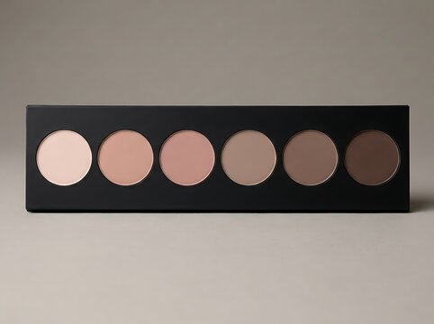 Eyeshadow makeup palette with six different natural nude and brown color shades in a black case. skintone palette