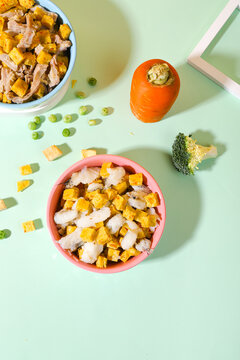 Healthy pet food bowls with fresh ingredients on a light green background
