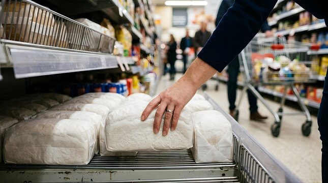 Person picking up fresh bread loaf from supermarket grocery store shelf