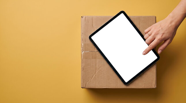 Hand Touching Digital Tablet Screen Placed on Cardboard Delivery Package Box