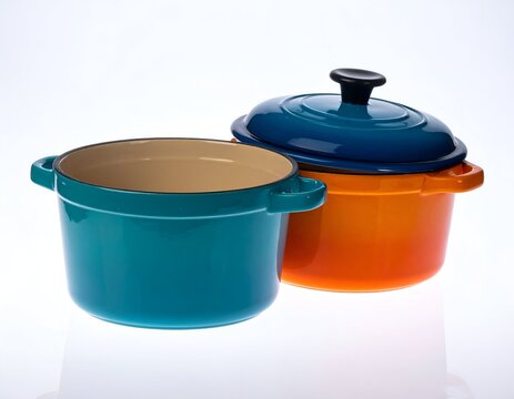 Two colorful enamel cast-iron cooking pots, one open, the other with a lid, on white