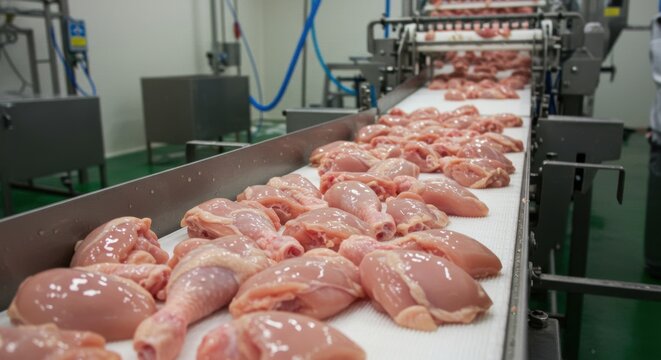 Raw chicken pieces on conveyor in processing plant