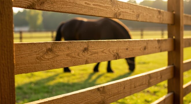 Horse grazing in sunlit fenced pasture