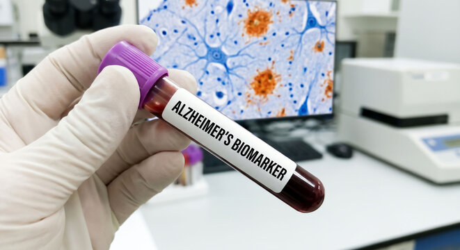 Close up of doctor hand holding an Alzheimer's biomarker blood test tube in a laboratory.Medical research concept with a scientist analyzing a blood sample for Alzheimer's disease diagnosis.