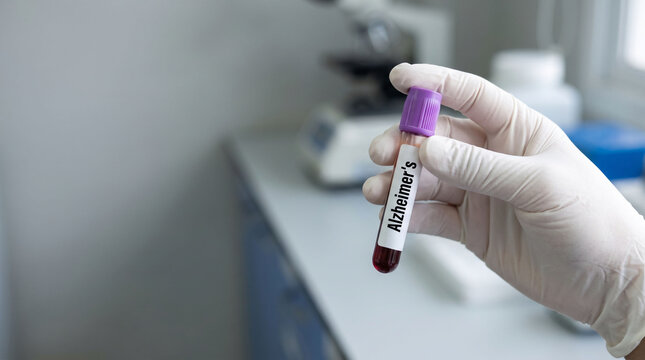 Close up of a doctor hand in medical glove holding a blood sample tube with Alzheimer's disease label.