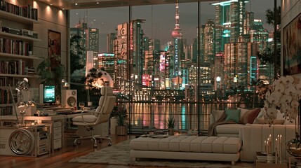 Obraz premium View from luxurious modern office through transparent solar glass windows overlooking glowing futuristic green city skyline at evening twilight.
