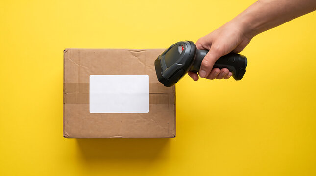 Person scanning a shipping label on a cardboard box with a barcode reader on yellow background