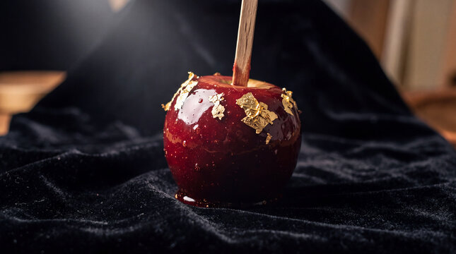 Glossy red candy apple on a stick decorated with gold leaf flakes