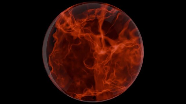 Glowing glass orb with swirling red fire energy plasma inside floating on black background