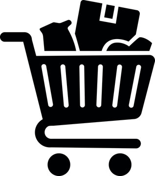 Shopping cart with bags icon for supermarket purchases, ecommerce orders, retail shopping, grocery products and customer checkout design