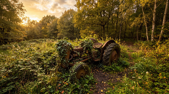 Abandoned rusty tractor overgrown with green vines in a tranquil autumn forest