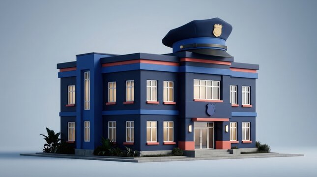 A3d rendered police station building with blue walls, red trim, and a large police officer hat on the roof, set against a light blue background