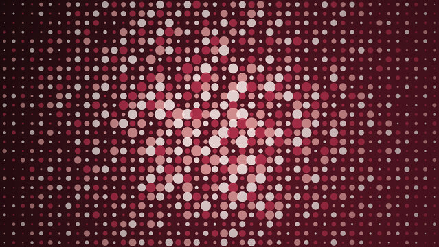 Abstract background, with a halftone, pattern of circles, in shades of, pink and white, on a dark, maroon gradient surface, for texture