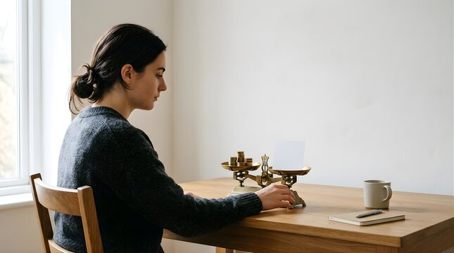 Woman weighing paper and coins on vintage balance scale at wooden table