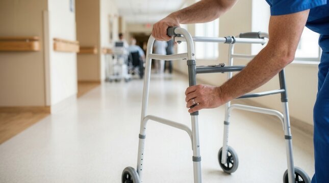 Healthcare professional assists patient with walker in hospital corridor, promoting mobility and recovery