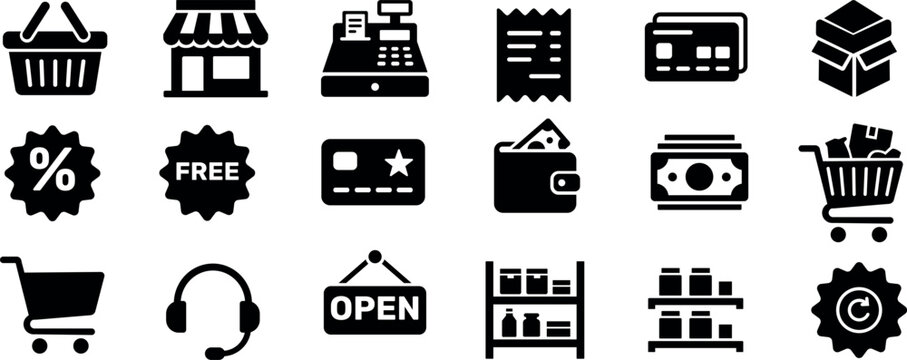 Retail shopping icon set featuring basket, storefront, cash register, receipt, credit card, box, discount badges, wallet, money, shopping carts, customer support, open sign and store shelves for ecomm